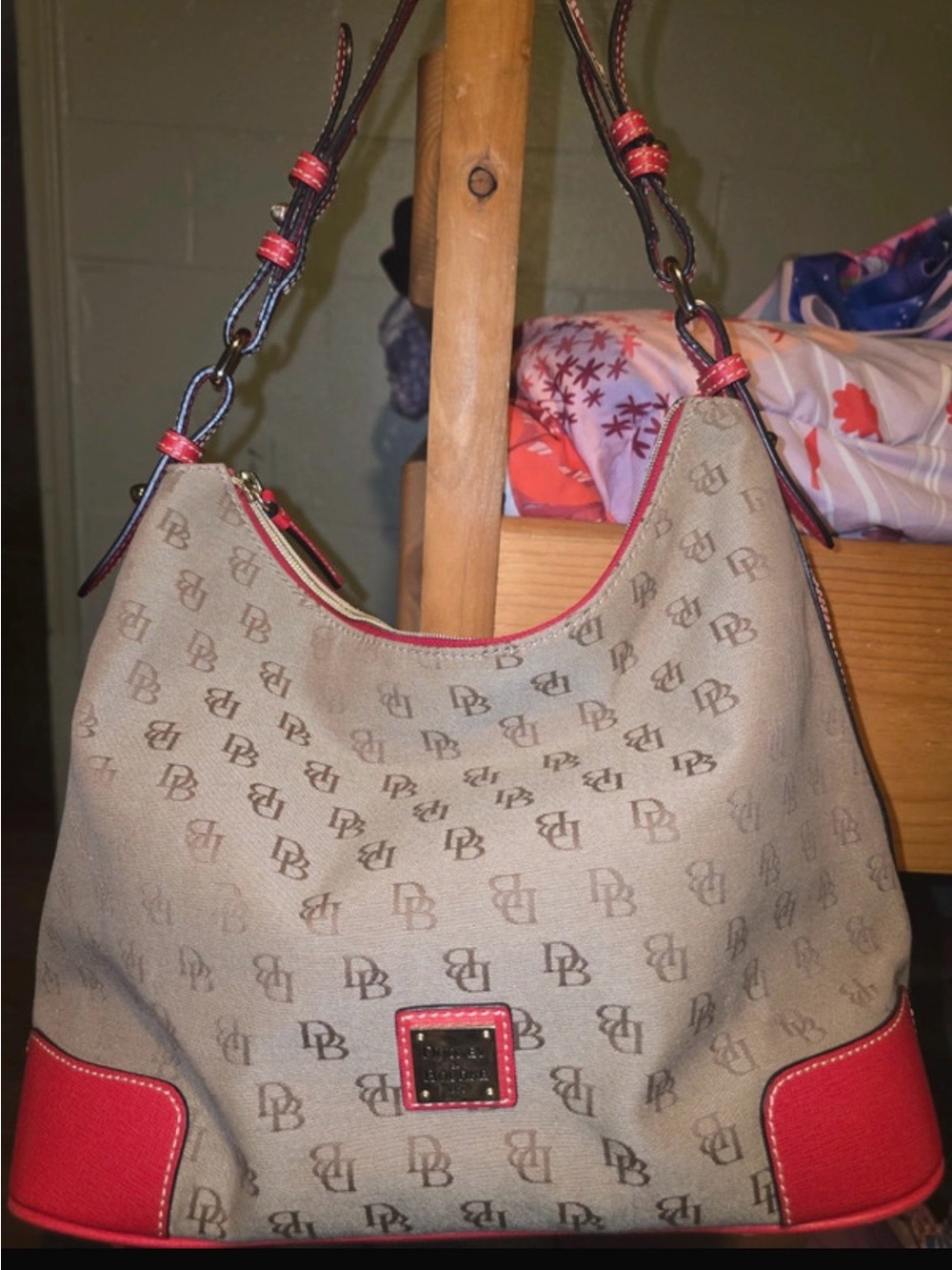 Dooney & Bourke Beige Canvas Hobo with Red Trim